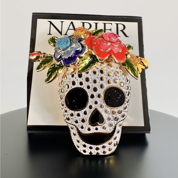 Napier Jewelry - Napier Enamel Floral Skull Brooch | Gold Tone Day of the Dead Pin Brooch Vintage